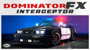 Vue avant de la voiture de police Vapid Dominator FX Interceptor dans GTA Online. La voiture est de couleurs noire et blanche, et a ses gyrophares allumés. Le nom du véhicule est écrit en grand au dessus de se dernier dans un fond blanc.