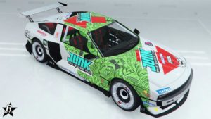Le groupe de décalcomanie "Course Junk" sur la carrosserie de la voiture coréenne Bollokan Envisage.