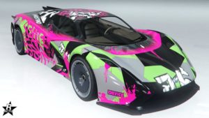 Le skin de véhicule "Éclaboussures 76" présent sur la carrosserie de l'Overflod Pipistrello.
