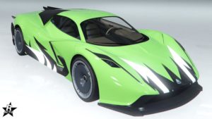La supersportive Overflod Pipistrello dans le jeu vidéo GTA Online avec le motif "Géométrie" présent sur sa carrosserie.