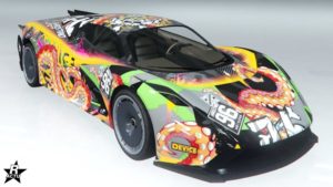 Image donnant un aperçu visuel au motif de carrosserie se nommant "Itasha 96" quand il est appliqué sur la voiture Overflod Pipistrello dans le jeu vidéo GTA Online.