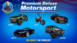 Image affichant les différentes voitures qui sont disponibles cette semaine dans la concession automobile Premium Deluxe Motorsport. Il s'agit des voitures 9F, le Brawler, le Contender, la Entity XF et la moto Esskey