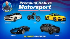 Les véhicules 9F Cabrio, Baller LE, Cognoscenti, Hexer et Stinger GT sur une affiche de la concession automobile Premium Deluxe Motorsport qui vend ces véhicules dans son showroom jusqu'à jeudi prochain dans GTA Online.