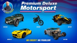 Images des véhicules Enduro, Raptor, Rat Rod, Seven-70 et Streiter sont les cinq véhicules en ventes dans la concession auto Premium Deluxe Motorsport cette semaine