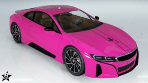 La voiture allemande Niobe disposant du motif "Bandes noires, flèche" sur sa carrosserie. Il se distingue par deux bandes fines de couleur noir, traversant verticalement et pareillement le véhicule, avec sur le capot, le symbole d'une flèche noire entre les deux lignes parallèle.