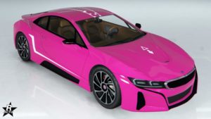 Le skin de véhicule "Contour blanc" sur l'Ubermacht Niobe. Le motif se distingue par une ligne blanche sur chaque côté latéraux de la voiture, par deux lignes parallèles sur le toit, ainsi que les symboles d'un triangle et d'une flèche sur le capot, le tout, en blanc.