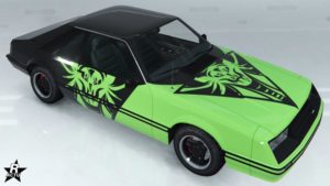 Le décalco "Géométrie mangeur de serpent" sur la carrosserie de la Vapid Dominator FX.