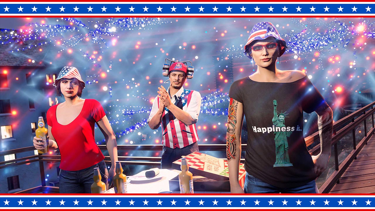 Images des différents vêtements à débloquer cette semaine lors de l'événement des célébrations de l'indépendance américaine dans GTA Online. 