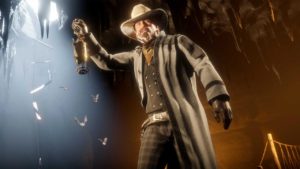 Un personnage de Red Dead Online recherchant un objet avec le détecteur de métaux dans le rôle de collectionneur.