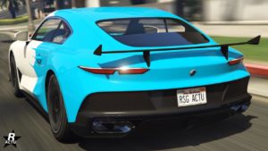 Vue arrière de l'Enus Paragon S, la sportive est duochrome avec la partie arrière en bleu vif et l'avant en blanc.