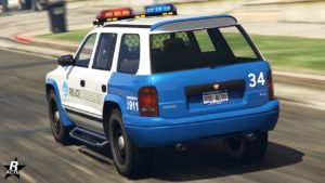 Vue arrière de la Bravado Dorado Cruiser, la carrosserie est blanche et bleu