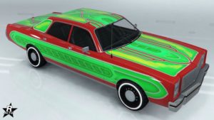 Le skin de voiture de gangster "Vert luisant" aux couleurs du gang de Groove Street sur la carrosserie de la voiture Bravado Greenwood.