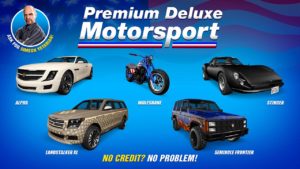 Image dévoilant les cinq véhicules de la semaine disponible dans la concession automobile Premium Deluxe Motorsport. Cette semaine il s'agit de l'Alpha, le Landstalker XL, le Seminole Frontier, la Stinger et la moto Wolfsbane.