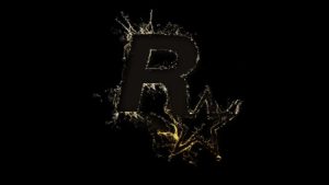 Logo Rockstar Games noir sur fond noir, le logo se distingue par ses contours dorés en formes d'éclaboussures.