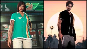 Images des vêtements exclusifs à GTA+ en septembre 2024 : Chemise 247 verte, Chemise Fil barbele et Pantalon chino 247 kaki