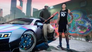 Deux personnages de GTA Online, l'un tenant une batte de baseball custom aux couleurs de Burger Shot avec derrière eux une Obey 10F avec une peinture caméléon blanc bleutée.