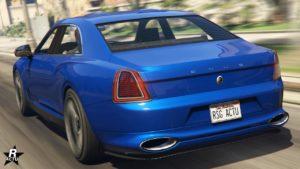 Vue arrière de la berline Enus Deity qui est de couleur bleue foncé.