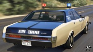 Vue arrière du véhicule Bravado Greenwood Cruiser, elle est peinte en beige.