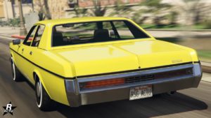 Vue arrière de la voiture de police Bravado Greenwood Cruiser qui est peinte en jaune, elle est personnalisée de t'elle sorte qu'elle est un véhicule de flic banalisé.