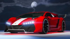Vue avant de la Pegassi Zentorno, elle est peinte en rouge avec une bande blanche verticale sur son capot.