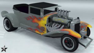 Image du groupe de décalcomanie "La fournaise infernale" sur la voiture Fränken Stange dans GTA Online. Il s'agit d'un motif de flammes jaunes et oranges qui sont présentes à l'avant de la carrosserie.