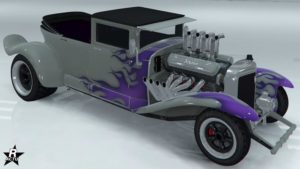 Motif de véhicule "La potion de minuit" sur l'Albany Fränken Stange. Il s'agit d'un skin de flammes mauves sur la carrosserie, à l'avant du véhicule.