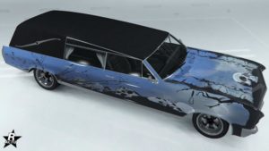 L'Albany Lurcher avec le motif "Le tombeau du pendu" sur sa carrosserie. Il s'agit d'une décalcomanie d'halloween qui ajoute des cranes humains, des arbres avec une corde de pendaison et un brouillard blanc.