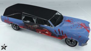 Aperçu du skin de véhicule "L'éventreur" sur l'Albany Lurcher dans le jeu GTA Online. Il s'agit d'un motif qui ajoute des taches de sang sur la carrosserie, ainsi qu'un monstre sur les portières latérales.