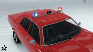 Un gyrophare bleu et un autre gyrophare rouge posés sur une barre métallique sur le toit, avec un petit hautparleur au centre.