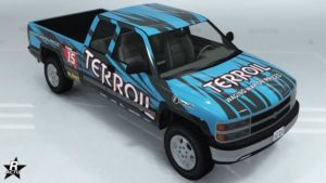 Groupe de décalco "Course Terroil" sur la carrosserie de la voiture Declasse Yosemite 1500.