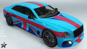 Le véhicule britannique Enus Deity disposant sur sa carrosserie du groupe de décalcomanie "Sa Majesté". Les motifs du calque représente le drapeau du Royaume-Uni.
