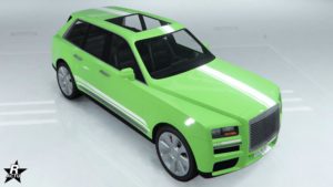 Aperçu du skin de voiture "Bandes blanches" sur l'Enus Jubilee. Il s'agit du même motif que "Bandes noires", sauf que cette fois, les bandes sont blanches.