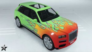 Le skin de véhicule se nommant "Flammes" sur l'Enus Jubilee. Il s'agit d'un groupe de décalcomanie ajoutant des motifs de flammes rouges et jaunes à l'avant du véhicule.