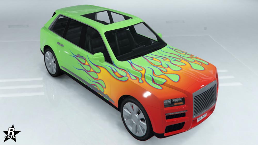Le skin de véhicule se nommant "Flammes" sur l'Enus Jubilee. Il s'agit d'un groupe de décalcomanie ajoutant des motifs de flammes rouges et jaunes à l'avant du véhicule.
