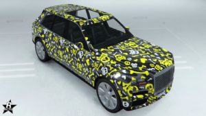 Image du motif se carrosserie se nommant "L'île aux crânes" sur la voiture Enus Jubilee. Le motif représente différentes dessins de têtes de morts de pirate et des os, principalement de couleur jaune.