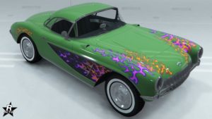 La voiture Invetero Coquette D1 disposant du motif exclusif à GTA+ "Flammes" sur sa carrosserie.
