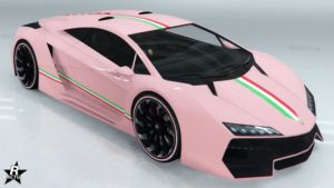 La Zentorno avec le groupe de décalcomanie "Bandes italiennes" sur sa carrosserie. Il s'agit de trois bandes l'une à côté des autres aux couleur du drapeau italien. Les bandes traverses verticalement le véhicule à son centre.