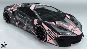 Image du motif rare "Rockstar Motorsport" sur la carrosserie de la voiture Pegassi Zentorno, le skin était offert pour célébrer les 25 ans de Rockstar Games en décembre 2023