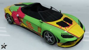 La supersportive Pegassi Zorrusso possédant sur sa carrosserie le skin de voiture "Lucky Plucker"