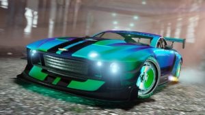 La voiture Dewbauchee Champion dans GTA Online disposant sur sa carrosserie la peinture Flip vert/turquoise et sur ses jantes la peinture Perle prismatique vert