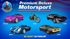 Image présentant les cinq véhicules disponibles cette semaine dans la concession automobile Premium Deluxe Motorsport dans le jeu vidéo GTA Online. Jusqu'à jeudi prochain, les véhicules sont : l'Avarus, la Deviant, la Massacro, la Swinger et la Viseris.