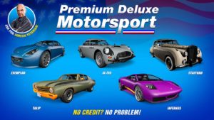 Image présentant les 5 voitures disponibles cette semaine dans la concession automobile Premium Deluxe Motorsport. Il s'agit de l'Exemplar, l'Infernus, la JB 700, la Stafford et la Tulip.