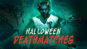 Un personnage de GTA Online portant un masque d'halloween et se trouvant dans un affrontement spécial halloween.