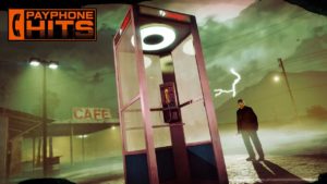 Image d'une cabine téléphonique, le météo est particulièrement étrange avec une luminosité de nuit verdâtre et des orages. Le halo lumineux de la cabine donne l'impression qu'il s'agit d'un ovni.