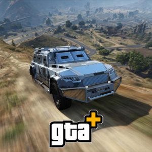 Bannière d'article des avantages de l'abonnement GTA+ d'octobre 2024. Sur l'image, le véhicule qui est gratuit pour les membres ce mois-ci, l'HVY Nightshark, est présent en premier plan.