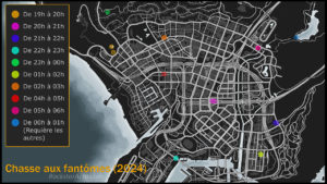 Carte des emplacements des fantômes de l'événement d'halloween 2024 dans le jeu vidéo GTA Online.