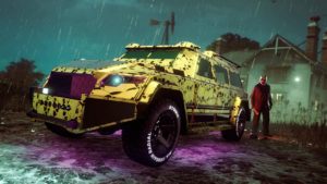Image du tout-terrain HVY Nightshark vue de devant, le véhicule est recouvert du motif rare "Crânes" sur sa carrosserie et néons mauve sont présents sous la voiture.