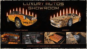 Image des voitures Ocelot Ardent et Pfister Comet Safari exposées dans la vitrine du concessionnaire Luxury Autos cette semaine. Les véhicules sont tous les deux peints en orange et ont sur leurs carrosseries le motif exclusif "Crânes".