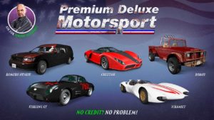 Image présentant les cinq voitures en ventes dans la concession de Simeon cette semaine. Les véhicules présents sur l'image et dans le showroom Premium Deluxe Motorsport sont : le Bodhi, la Cheetah, le Corbillard Romero, la Scramjet et la Stirling GT.