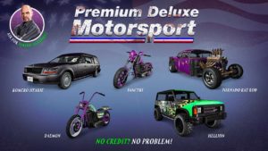 Image des cinq véhicules disponibles dans la concession automobile Premium Deluxe Motorsport entre le 3 et 9 octobre 2024. Il s'agit des véhicules suivants : Corbillard Romero, Deamon, Hellion, Sanctus et Tornado Rat Rod